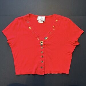 Vintage Enchanté Sunflower Floral Cropped Button Up Knit Cardigan Womens M USA